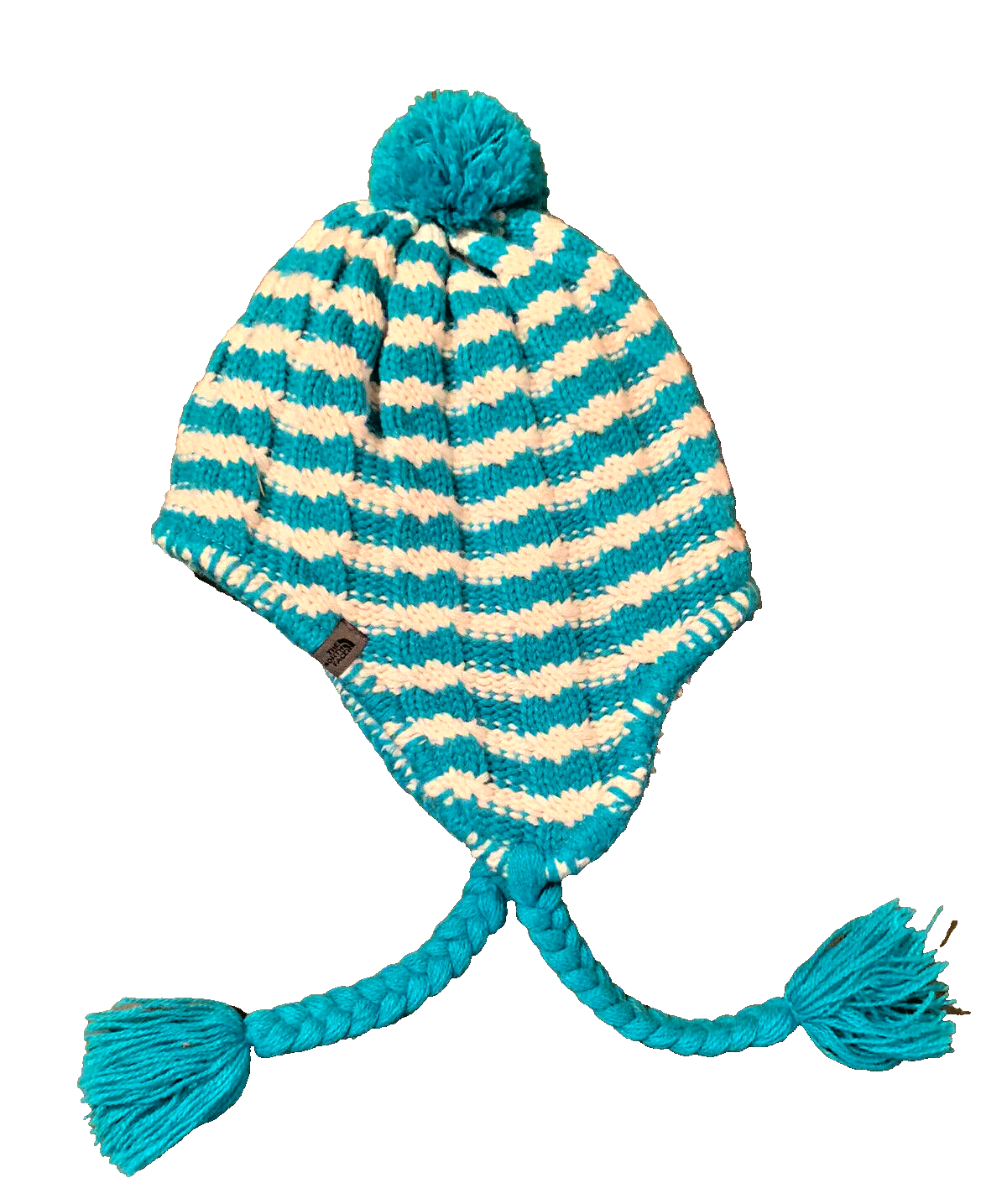 North Face Blue Teal Cream Striped Tassel Winter Hat Womens Youth Size M