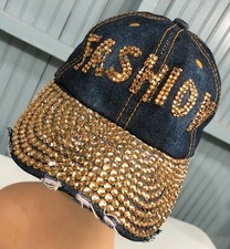 Bling Denim Bejeweled Fashion Strapback Baseball Cap Hat