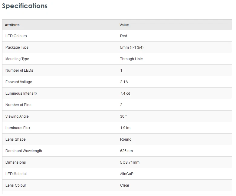 Broadcom 626 nm Red LED, 5mm (T-1 3/4) - HLMP-EG3B-WX0DV - Image 3 of 3