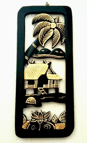 Wood Carved Wall Art Hanging Small Black Panel Gold Trim Thai Farmhouse Rustic - Picture 8 of 8