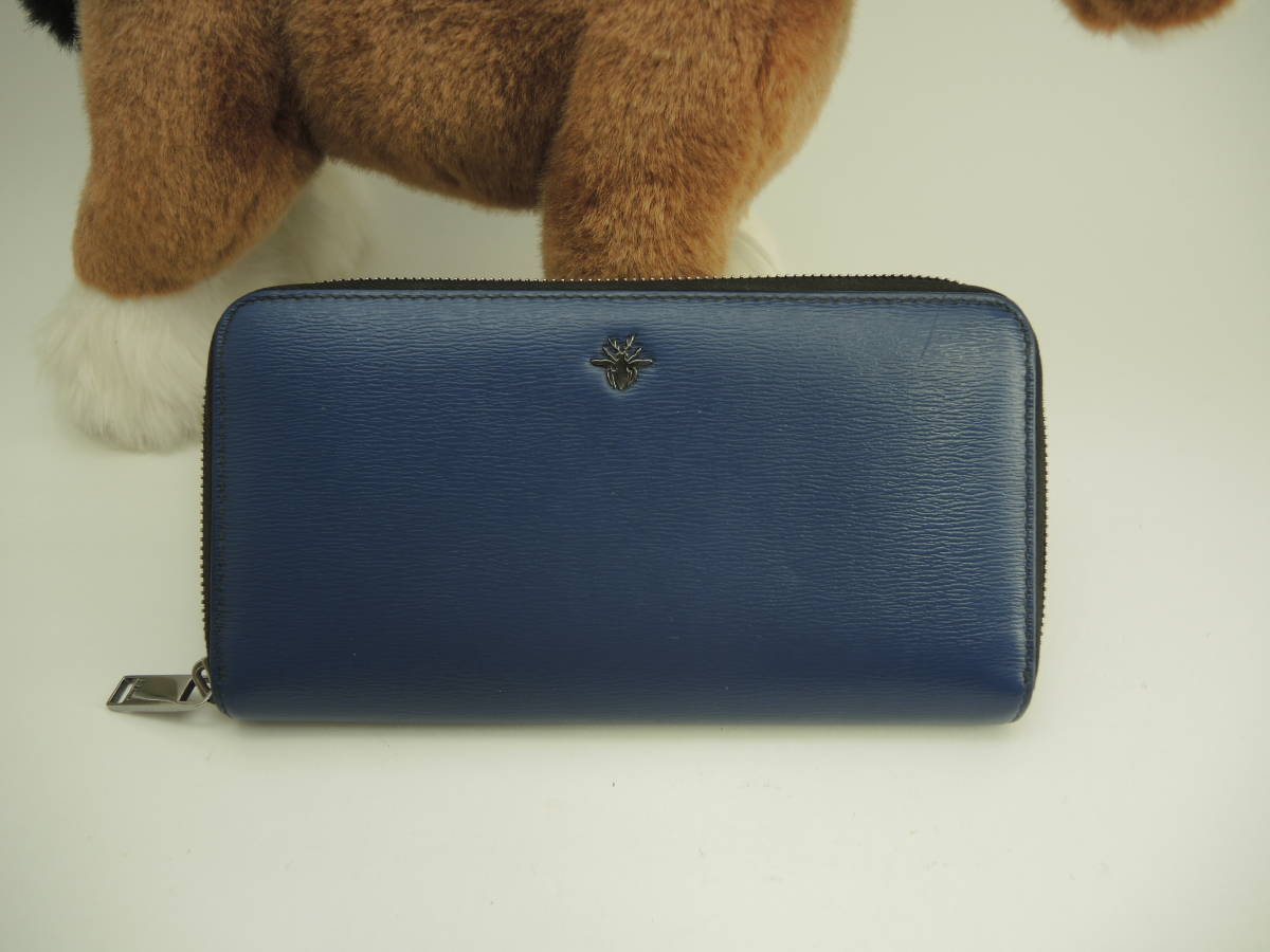 Christian Dior Homme Long Wallet Leather Blue Bee Zip Around Christian Dior Homme Long Wallet Leather Blue Bee Zip Around