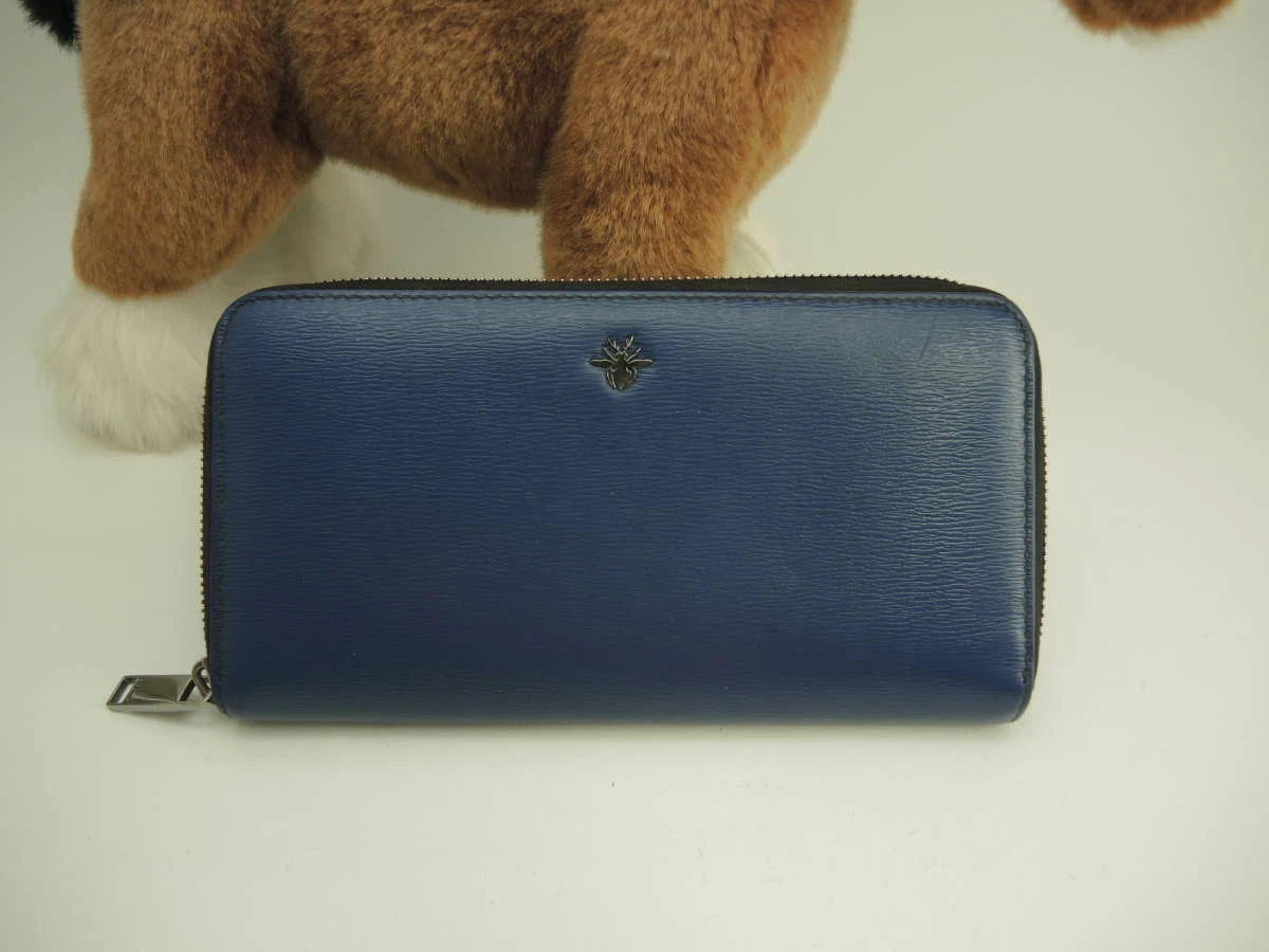 Christian Dior Homme Long Wallet Leather Blue Bee Zip Around Long Wallet