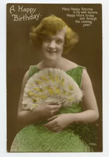1920s British Glamour PRETTY FLAPPER w/ Hand Fan tinted photo postcard