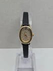 Vintage Timex Cavatina Womens Oval Gold Tone Watch Black Leather New Battery