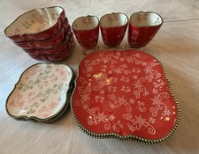 Temptations by Tara Red Floral Lace  Bowls, Plates, Mugs Set Of 15 Oven Safe
