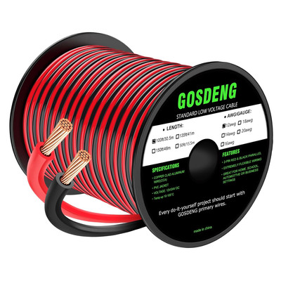 12 Gauge Wire 100FT, 2 Conductor Electrical Cable - Red and Black, Low Voltag...