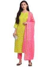 GoSriKi Women's Cotton Straight Kurta with Pant & Dupatta (JINAL Light Green-GO)
