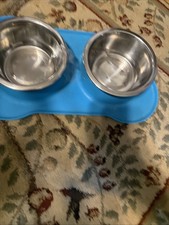 Dog Cat Bowls Stainless Steel Double Dog Food Water Bowls No-Spill Medium Blue