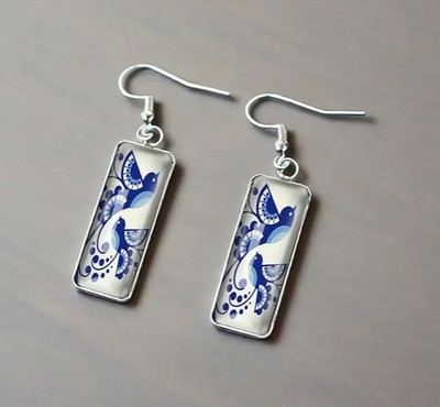 Rechteckige Ohrringe Vögel Indigo blau - Bijoux des Lys