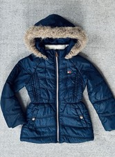 Tommy Hilfiger girls Sz 6X puffer jacket Navy Blue Faux Fur Hood