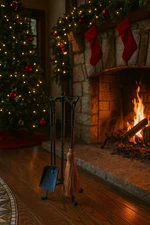 Vintage Wrought Iron Fireplace Tool Set 4pc w Stand Rustic Twisted Handles Patin