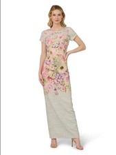 Adrianna Papell Matelasse Textured Column Gown 12 Blush Floral Multi Beige Maxi