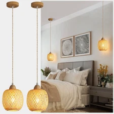 Bamboo Pendant Light Fixture, 2-Light Handmade Woven Pendant Lighting, with A...