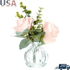 Faux Rose Floral Arrangement in Clear Glass Bud Vase Tabletop Home Decoration US