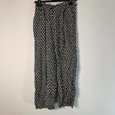 Deeluxe Damen Hose schwarz weiß weites Bein Größe 36 Viskose Gürtel Boho