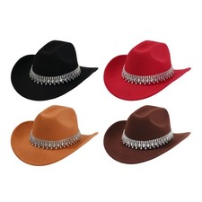 Womens Retro Sparkling Rhinestone Belt Deco Wide-Brim Western Cowboy Hat Sun Hat
