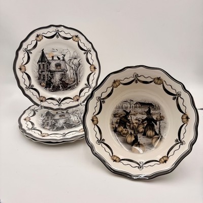 Halloween Witch Haunted House Melamine Dinner Plates and Serving Bowl Set 5pc