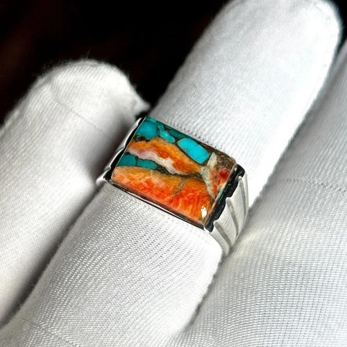 925 Sterling Silver Oyster Turquoise Ring Bohemian Men Wedding Band Handmade
