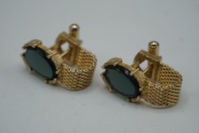 Swank Vintage Gold Tone Mesh Cufflinks with Faceted Black Glass 2.5cm