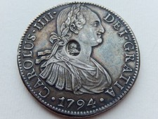 A736 - George III Silver Dollar over Carlos IV Mexico 8 Reales. Host coin 1794