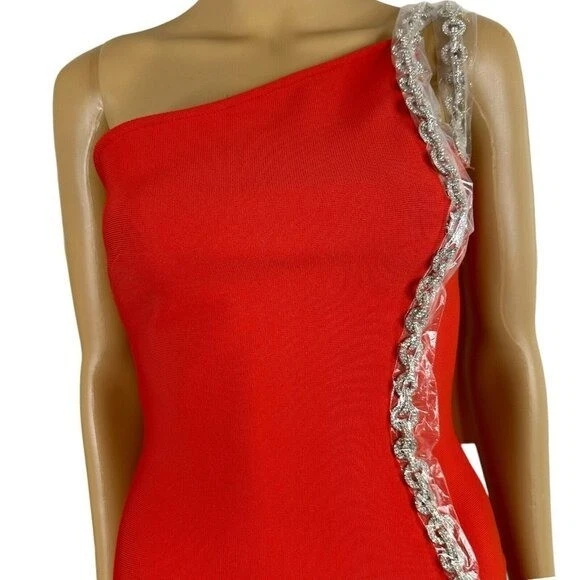 VETEMENTS Mini Abito Donna Catena Cristallo Una Spalla Bodycon Fascia Piccolo Rosso Elasticizzato