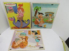 3-Vintage 1962-64 Whitman Frame-Tray Puzzles Hanna-Barbera Flintstones Fair Cond
