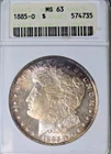 1885-O Morgan Silver Dollar ANACS MS 63 Old Soapbox Holder Toned Coin Both Sides