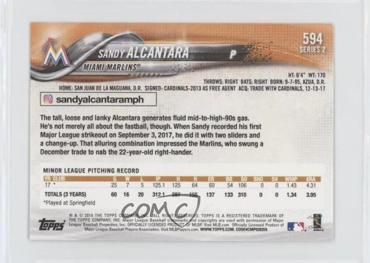 2018 Topps Mini Sandy Alcantara #594 Rookie RC - Image 2 of 2