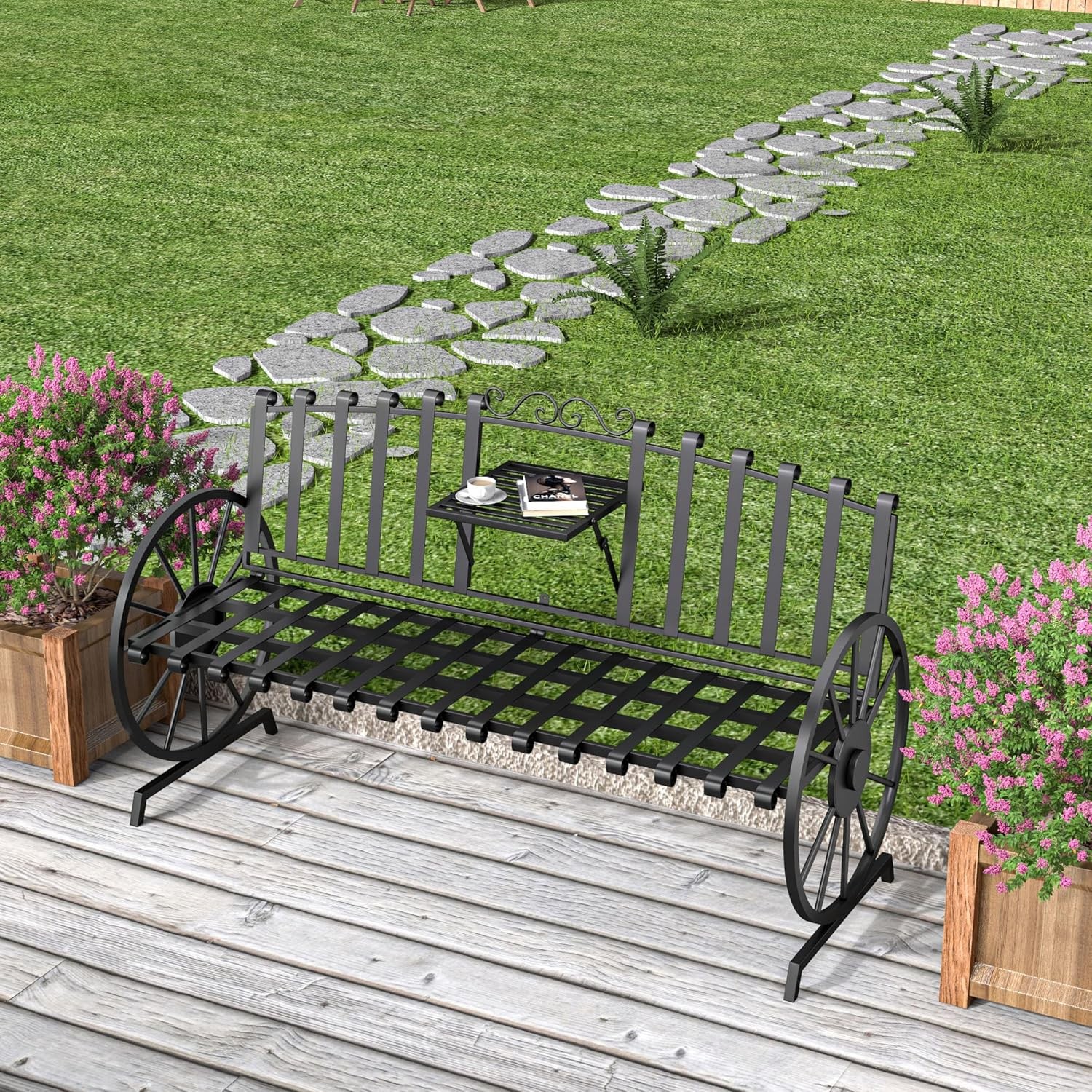 Outdoor Bench Patio Outdoor Garden Bench with Built-in Table, Wagon Wheel Arms