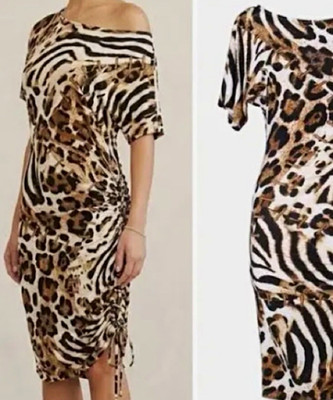 Cache Cache Animal Print Off Shoulder Ruched Midi 3/4 Sleeve Sheath Dress S