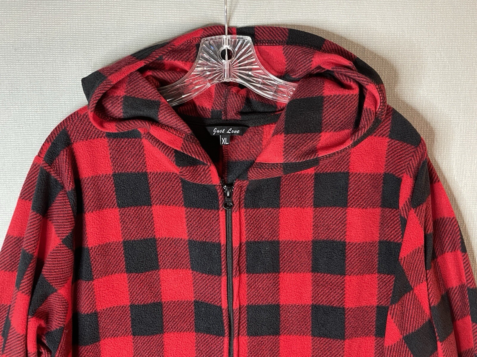Just Love Women's Size XL One Piece Pajamas Red & Black Plaid Zippered Hooded