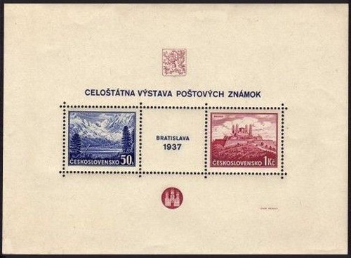 Czechoslovakia 239 ab sheet,hinged. Mi Bl.1. 1937. Poprad Lake. Tomb of Stefanik