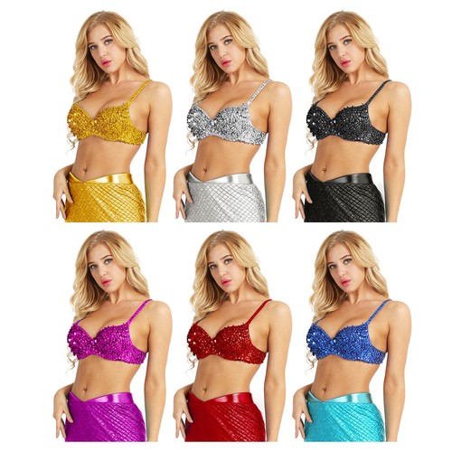 Women Sparkle Glitter Sequins Bra Top Belly Dancing Tank Tops Rave Dance Costume - Picture 1 of 23