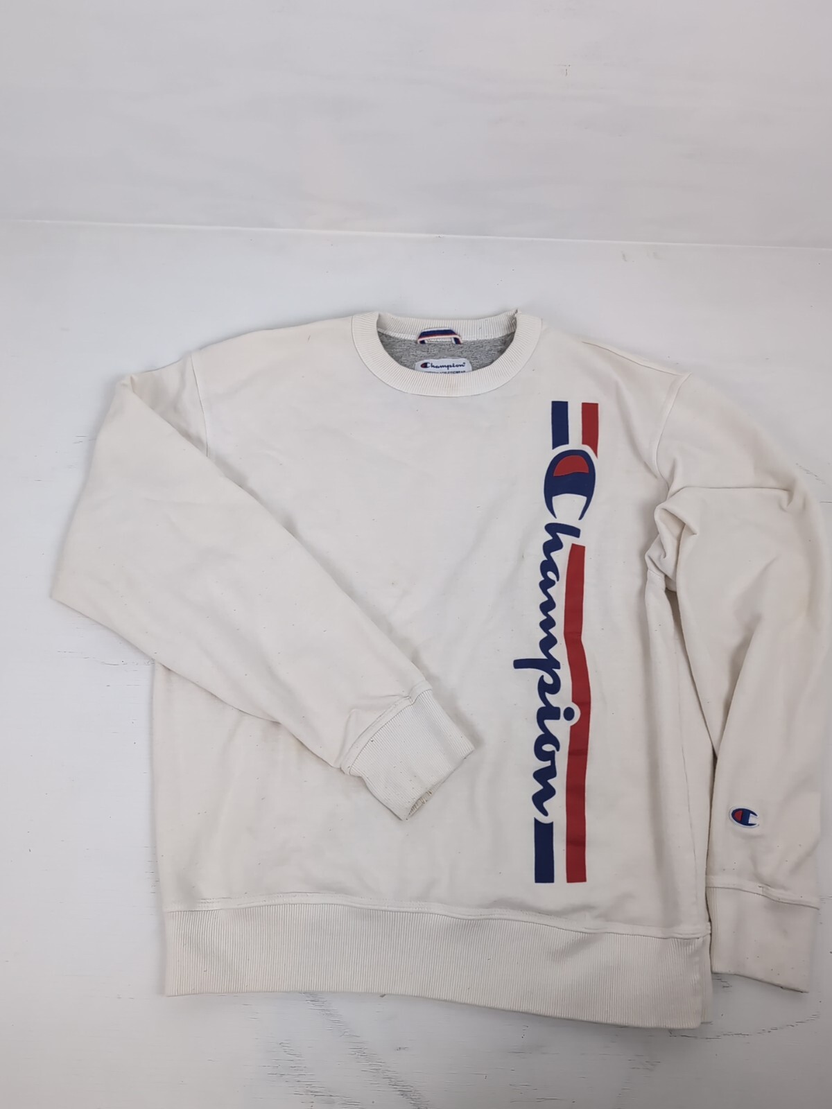 Vintage Champion Long Sleeve Sweater Vertical Logo White Women