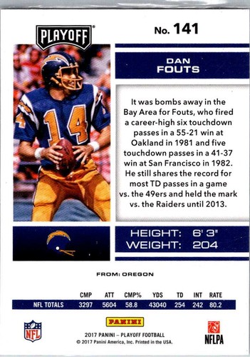 2017 Dan Fouts #141 Panini San Diego Chargers Touchdown MFBC#89 - 第 2/2 張圖片
