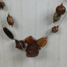 Chunky Wood Beaded 3 Strand Necklace Earring Set Handmade Fashion Jewelry 16" Lg