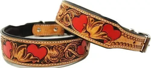 Hand Tooled Red Heart Padded Leather Dog Collar with All Sizes. - Picture 1 of 4