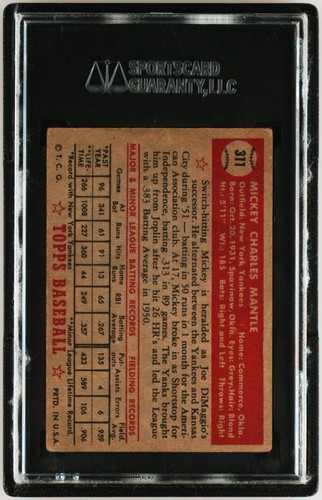 1952 Topps 310 Mickey Mantle RC Rookie Card SGC 35 2.5 Centered With No Creases! - Picture 2 of 3