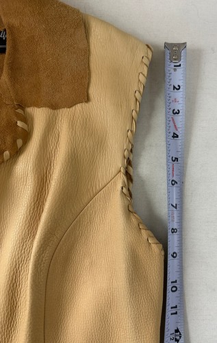 Vintage PATRICIA WOLF Leder Wildleder Weste klein hellbraun Fransen Nähte Taschen S - Bild 8 von 13