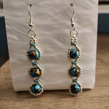 Turquoise Dangle Drop Earrings Silver Native American Ethnic Oval Stone