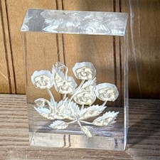 Vintage 1970s White Dried Flower Acrylic Paperweight Retro Desk Accessory Art