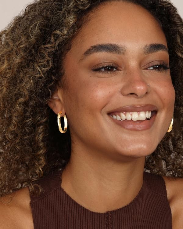 14K Gold Plated Hoop Earrings for Women Large Hoop Earring Chunky Hoops Sterl...