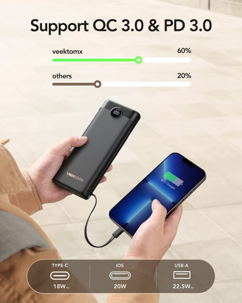 30K 22.5W Fast Charge Power Bank Built-In Cables USB-C PD  
