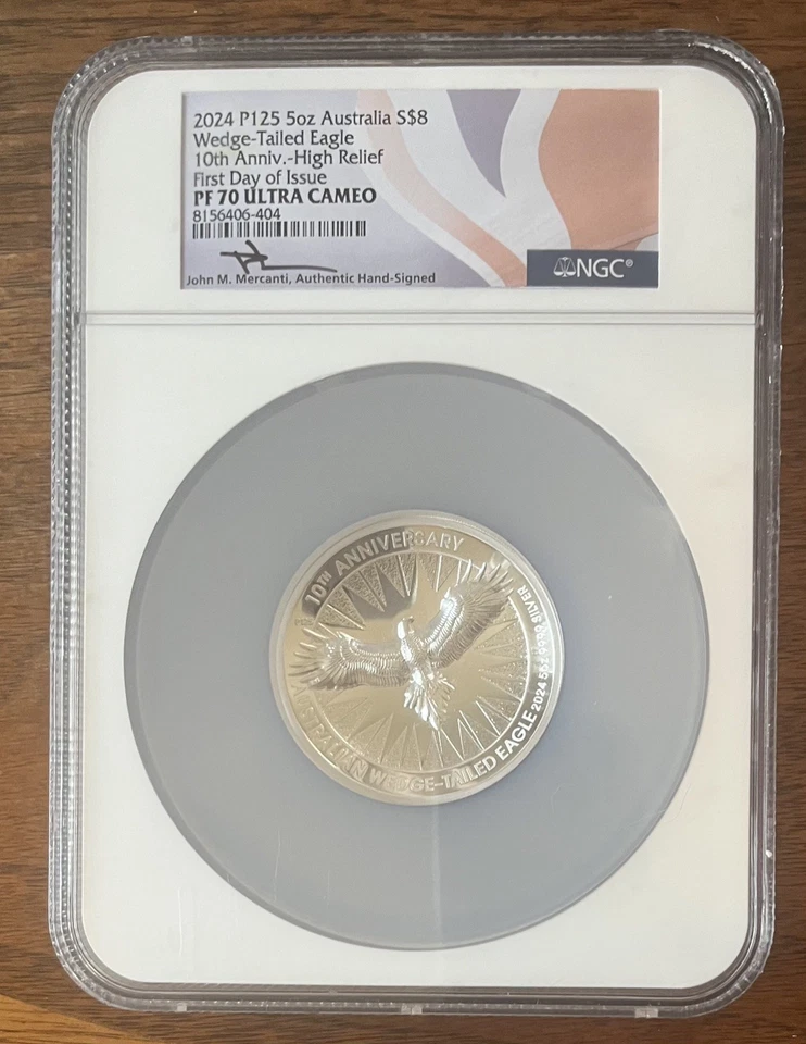 2024 P125 5oz Australia S$8 Wedge-Tailed Eagle PF70, Mercanti Signed Coin - Image 3 of 4