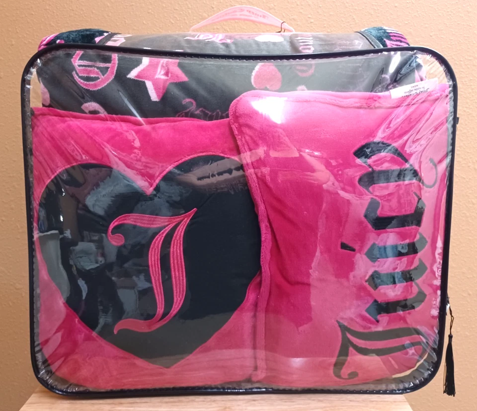 Juego de edredón Juicy Couture Queen de 5 piezas de felpa negra/rosa corazones y logotipos Foto 4 de 4