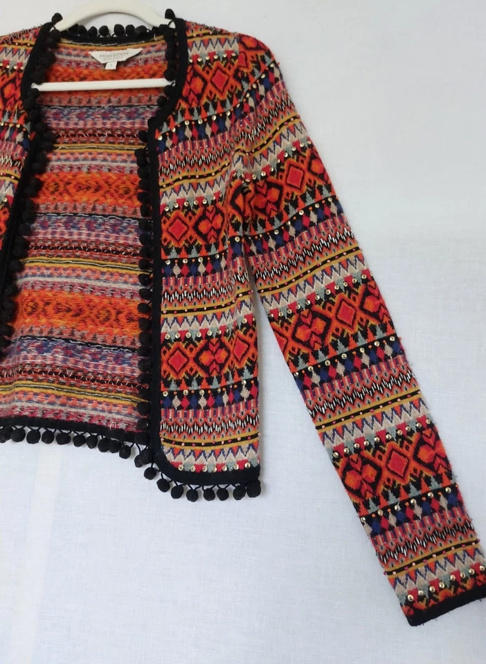 Cárdigan Monzón Pequeño Pom Pom Lentejuelas Cuentas Mezcla Lana Mangas Largas Foto 4 de 4