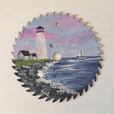 Hand Painted Lighthouse Scene Circular Saw Blade Wall Art