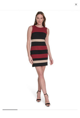 Tommy Hilfiger Striped Sheath Dress Burgundy/Black/Beige Round Neck 8P