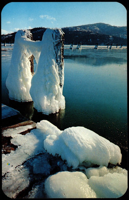 Postcard  Pilings on Dock Draped by Blizzard at Sandpoint, ID  Chrome