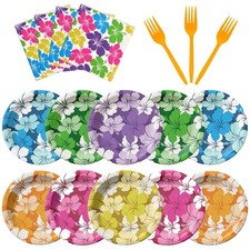 72pcs Tropical Hibiscus Party Paper Plates Set, 9 Inch Hawaiian Disposable Pl...